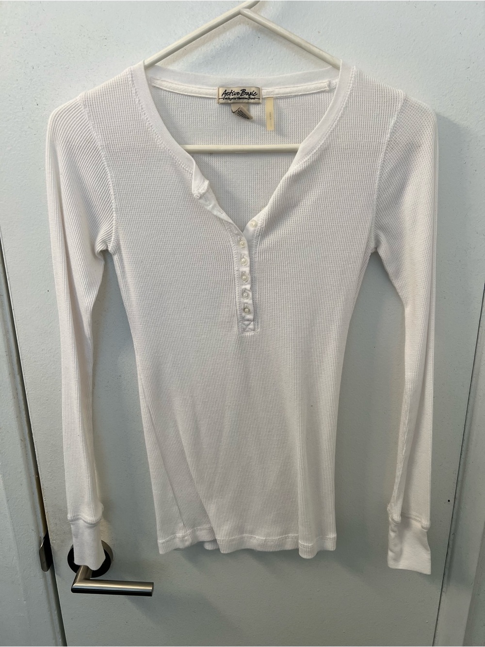 Active Basic White Ribbed Henley Long Sleeve Tee